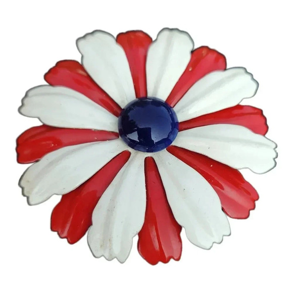 Enamel Red White Blue 1970's Flower Brooch Pin Vintage - Picture 3 of 4